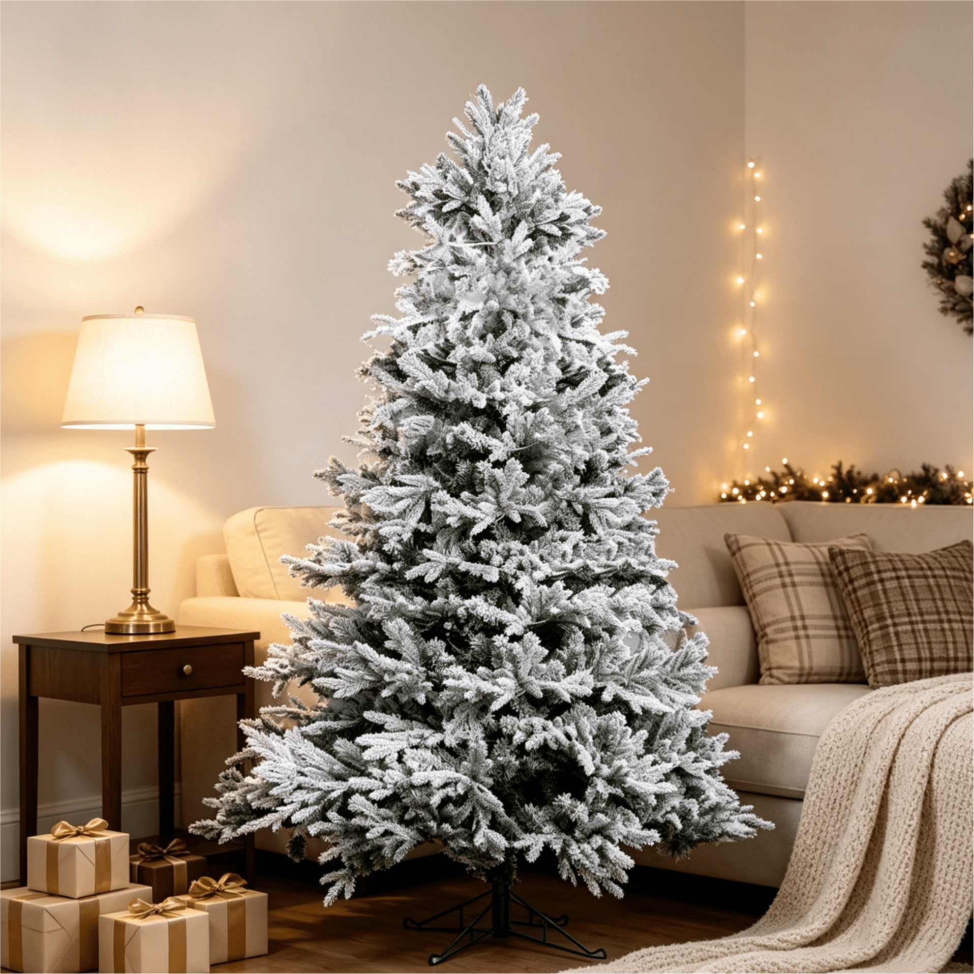 7 ft Snow-Flocked Artificial Christmas Tree with Green Metal Stand, White