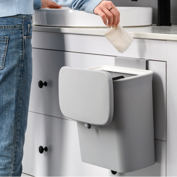 Kitchen Hanging Trash Can with Lid 2.4 Gallon, Cabinet Kitchen Compost Bin Counter Top Under Sink,Mountable Indoor Compost Bucket for Cupboard Bathroom, Wall Mounted Counter Waste Compost Bin