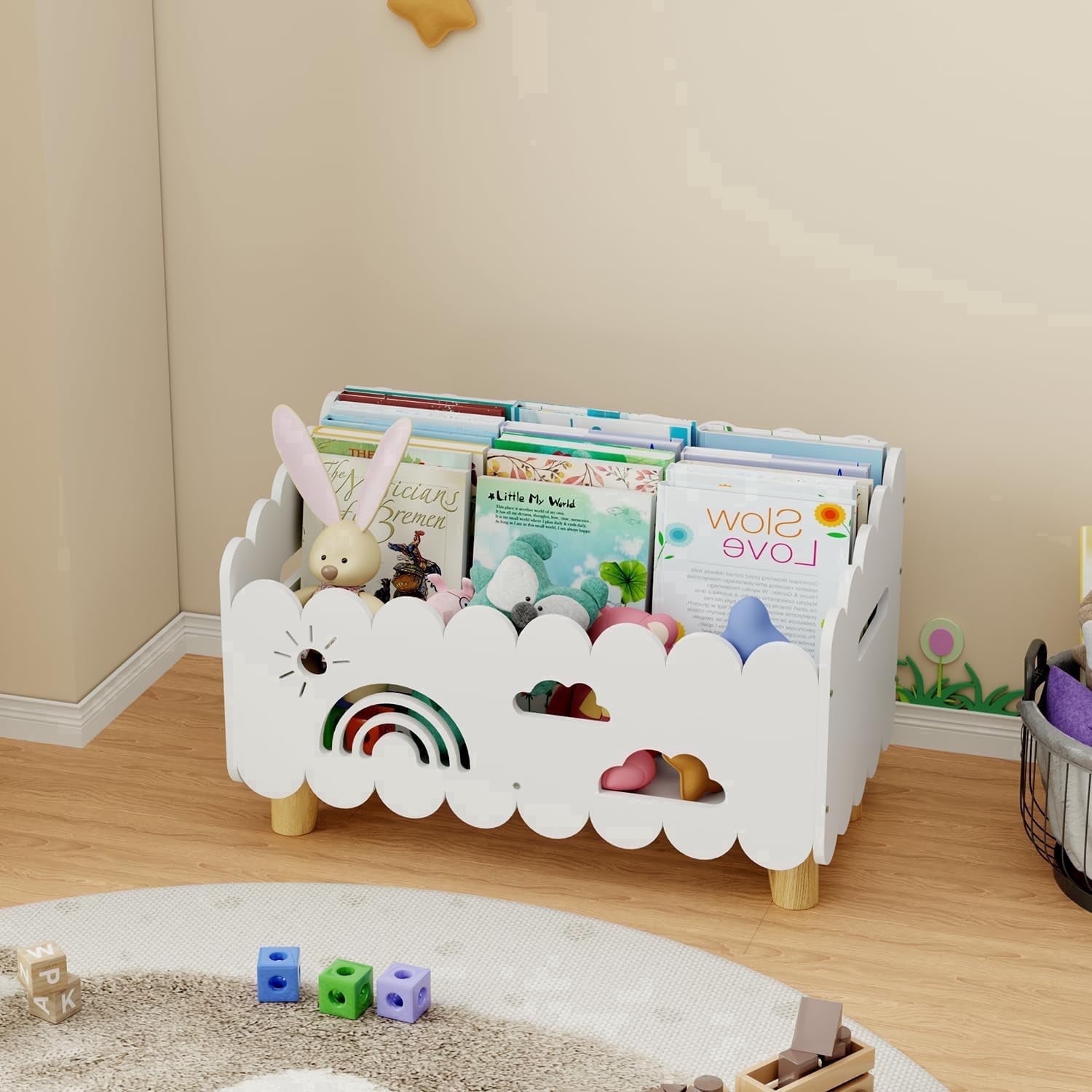 HAIDAIYA Wood Kids Bookshelf, Montessori Bookcase with 2 Adjustable Dividers, for Nursery Rooms & Classroom, Child Book Shelves and Toy Storage, Small Toddler Book Rack, White - Big Size