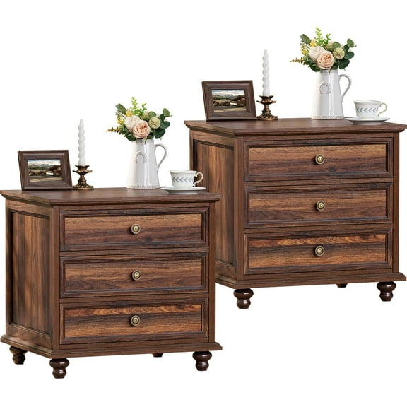 24" Wide Farmhouse Night Stand Set of 2,Large End Table with 3 Drawers & Metal Handle,Wood Dresser for Bedroom,Bed Side Table Chest of Drawers Cabinet,Brown Nightstand for Living Room,Closet