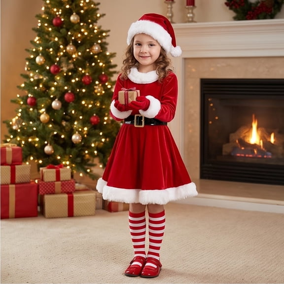 Christmas Costumes, Velvet Dress, Red Christmas Dress Set for Holiday Party and Gift Giving Christmas Costumes Elf Outfits Christmas Dress Up Festive Role Play Cosplay Clothes Seasonal Celebrations