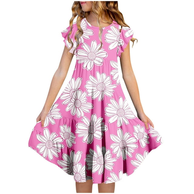 Zpanxa Robes Florales pour Filles Été Manches Courtes Manches Volantées Col Rond Imprimé de Fleurs Taille Poche Robe Superposée Polyester Spandex Multicolore 14-15 Ans