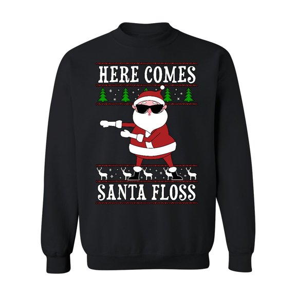 P&B Here Comes Santa Floss Ugly Christmas Sweater Crewneck Sweatshirt, 2XL, Black