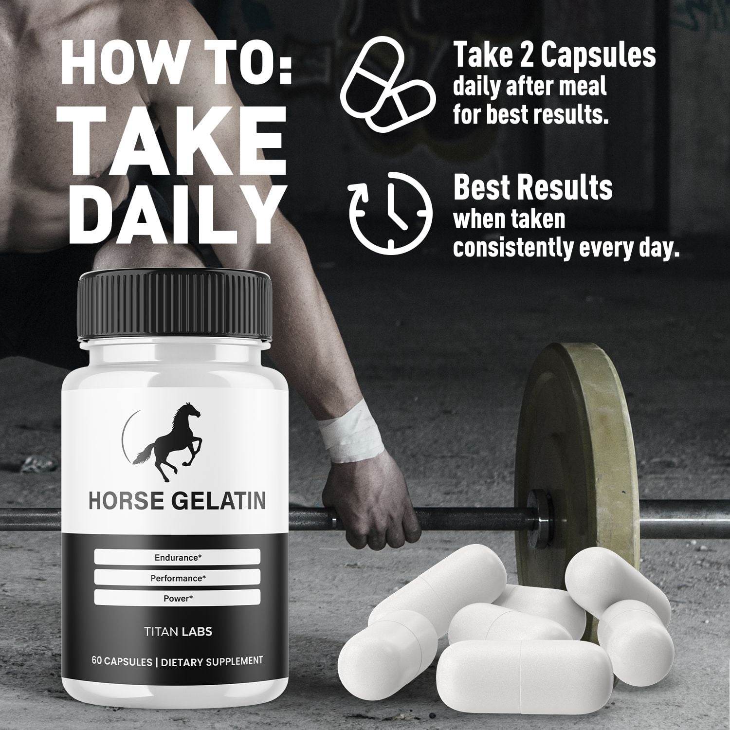 Horse Gelatin Advanced Formula Natural Supplement Pills for Max Strength HorseGelatin Vitamins Taken Daily 1 Month Supply 60 Capsules