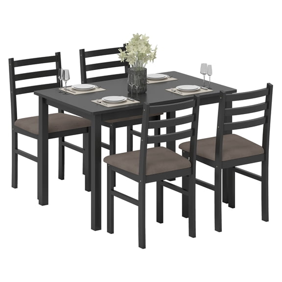 Kitchen Table Set for 4, Farmhouse Dining Set with Upholstered Chairs, Black Rubber Wood Dining Table and Chairs for Small Spaces