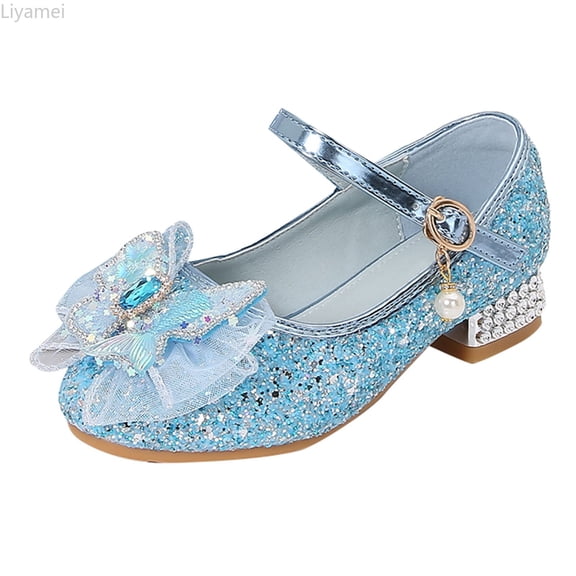 Liyamei Little Kids Girls Sandals Glitter Sequins Closed Toe Low Heels Princess Dress Shoes Party Dance Shoes Size Blue 3-3.5 Years