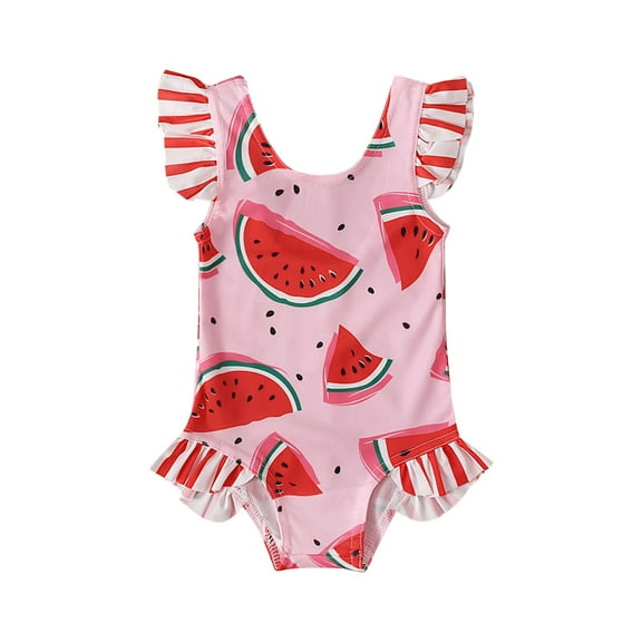 Zwiiyzr 2025 Baby Girls One Piece Swimsuits Toddler Bathing Suit Ruffled Sleeve Quick Dry Striped Cute Swimwear Size 6M-3T Pink