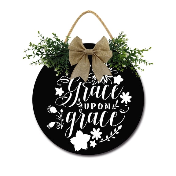 Grace Upon Grace Sign Front Door Porch Decorations, Round Rustic Wood Hanging Sign for Farmhouse Porch Outdoor Home Holiday Front Door Sign Decor