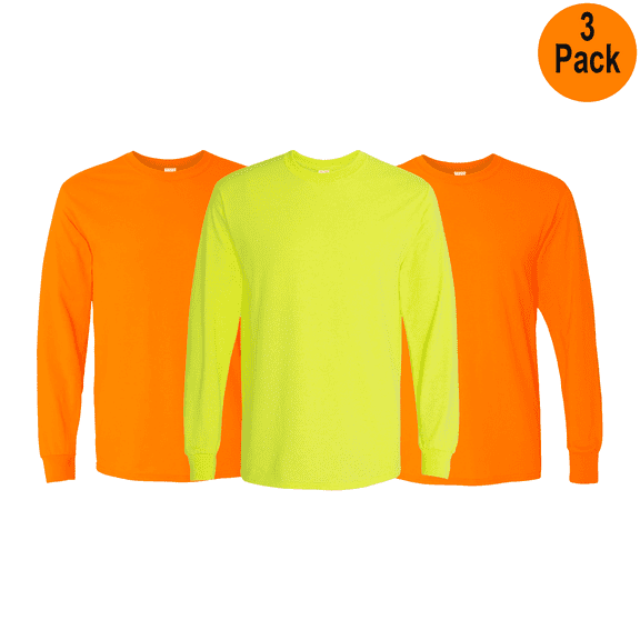 Gildan Hi Vis Long Sleeve Heavy Cotton Work T-Shirt for Men, Safety Green and Orange, 3 Pack, XL