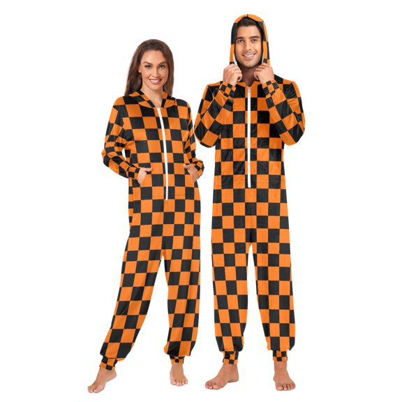 joogoo Orange Checkered Grid Pattern Unisex Adults Onesies Pajamas Jumpsuits L
