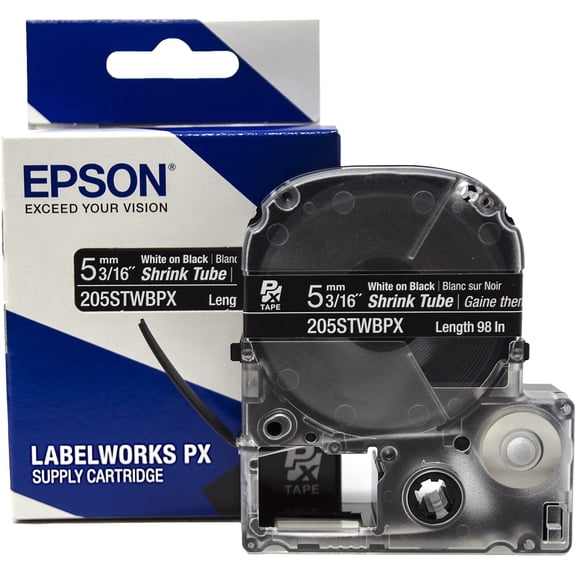 Epson LABELWORKS 205STWBPX - White on Black Shrink Tube Label Maker Tape - AWG 8-12, 3/16" (5MM) Wide, 96"
