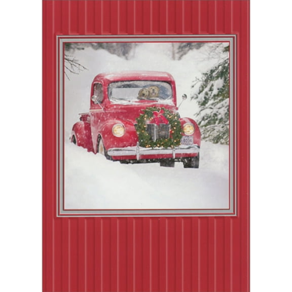 Avanti Press Dogs in Red Truck Driving Down Snowy Road Silver Foil Frame Embellished Christmas Card