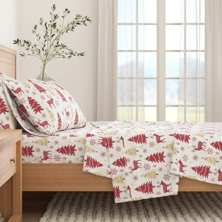 Great Bay Home Lodge Flannel Sheet Set - 100% Turkish Cotton - Double Brushed - Full, Red Deer, Trees, & Snow