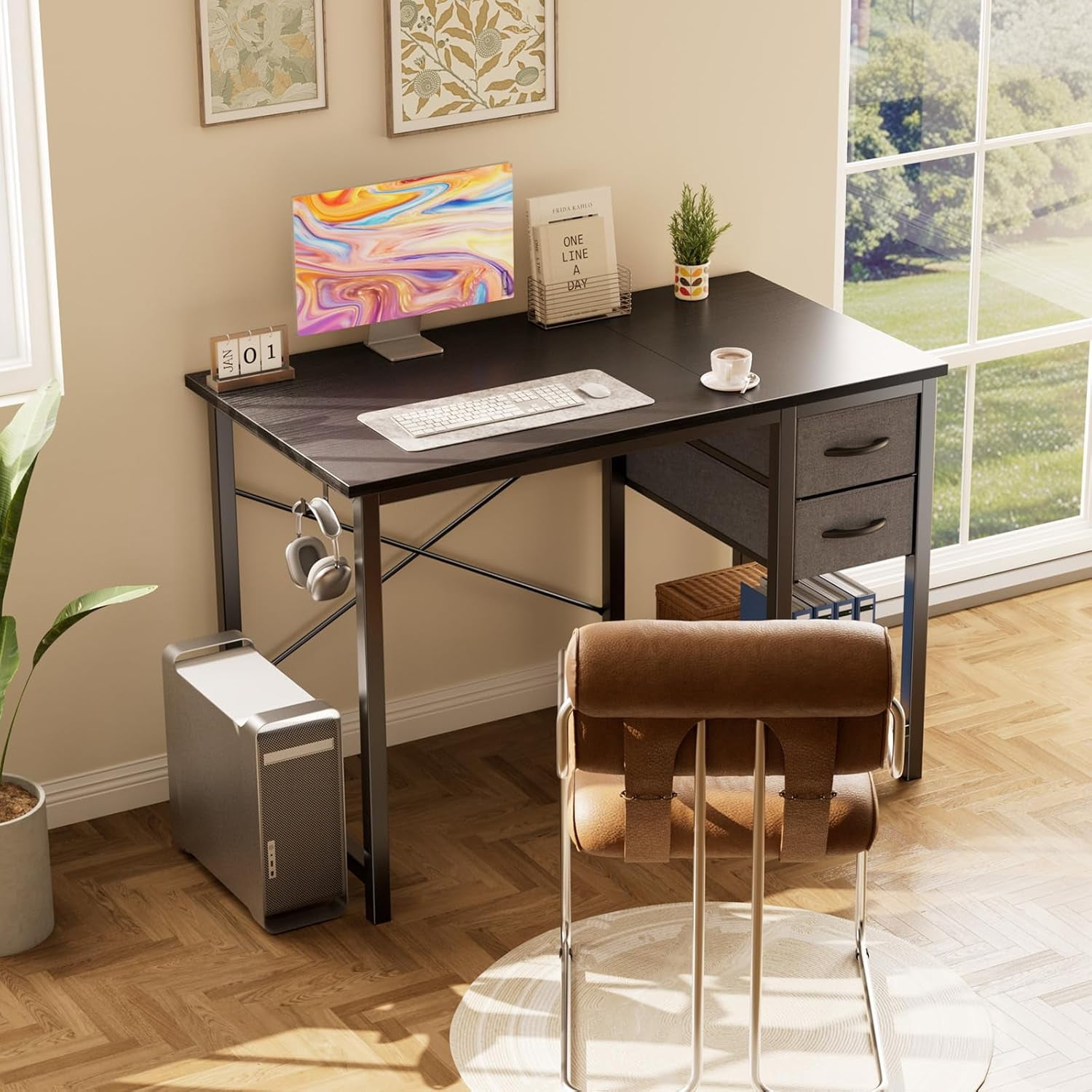 MCQ 40 Inch Computer Desk with Drawers for Home Office, Writing Desk with X-Shaped Reinforcement, Wood Table with Adjustable Position Drawers, Modern Study Work Table with Side Hook, Black Wood