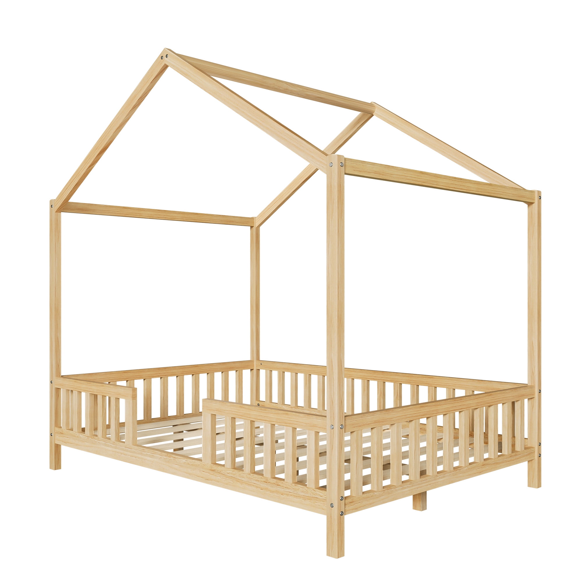 Yoneston Full Size Montessori Floor Bed with Canopy & Roof, House Wooden Toddler Bed Frame with High Railings for Kids Children Girls Boyss, Natural