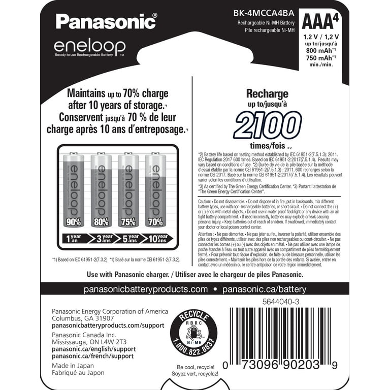 Panasonic Eneloop BK-4MCCA4BA Pre-Charged Nickel Metal Hydride AAA  Rechargeable Batteries, 4-Battery Pack
