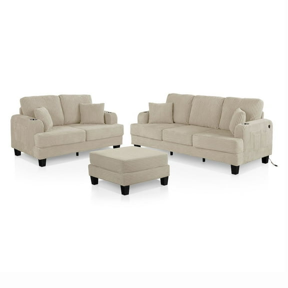Furniture of America Kasin 3-Piece Chenille Living Room Set with USB Ports