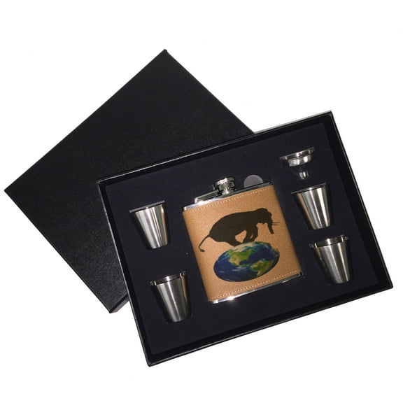 KuzmarK 6 oz. Leather Flask Set in Black Presentation Box -  Elephant Wildlife Earth Painting