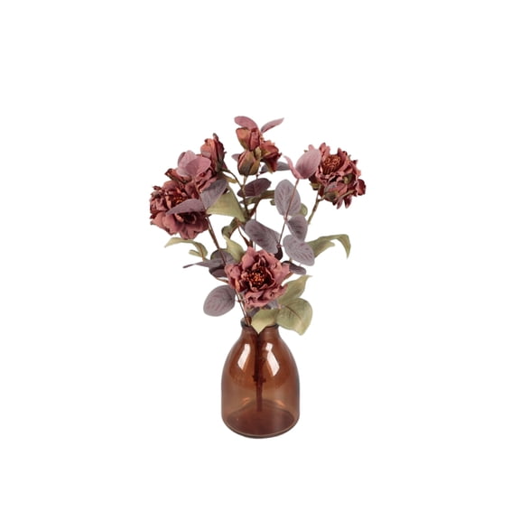 Flora Bunda Tabletop 14"H Artificial Dusky Rose Peony in Amber Glass Vase - 1.1 lbs
