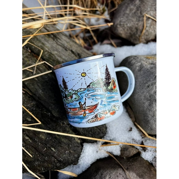 Canoe. Camping mug. mountains. Camping outdoors travel mug. Enamel Mug.