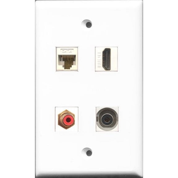 RiteAV 1 Port HDMI and 1 Port RCA Red and 1 Port 3.5mm and 1 Port Cat6 Ethernet White Wall Plate
