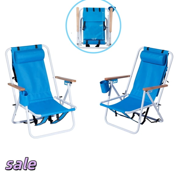 GZXS 2 Pack Backpack Beach Chairs, Lay Flat Folding chair, 4-position Adjustable Reclining Chair, Lawn Chair with Cup Holder & Headrest, 330 Lbs Capacity, Blue