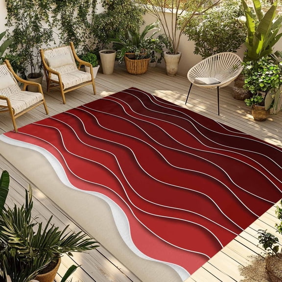 Red Ocean Waves Outdoor Rug 5x7 Ft - Reversible Patio Rug Outdoor Camping Rugs, Coastal Abstract Stripes Ombre Art Washable Indoor Outdoor Area Rugs, Non-Slip Outdoor Carpet Runner for Deck/Porch