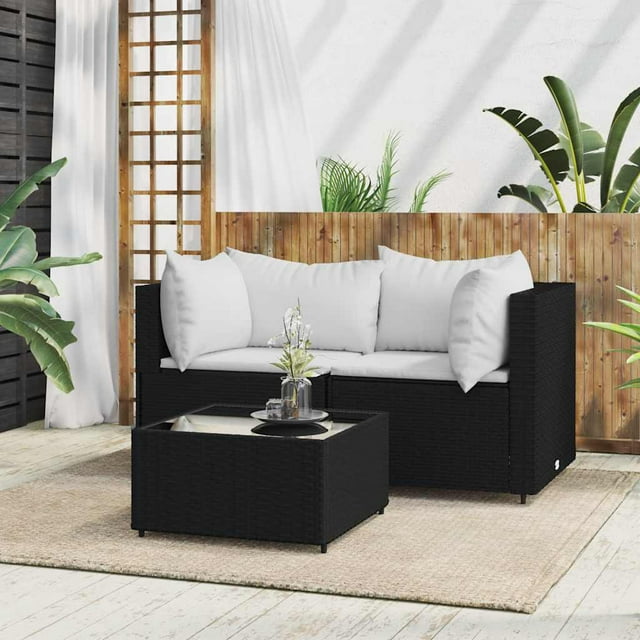 vidaXL 3 Piece Garden Lounge Set with Cushions Black Poly Rattan