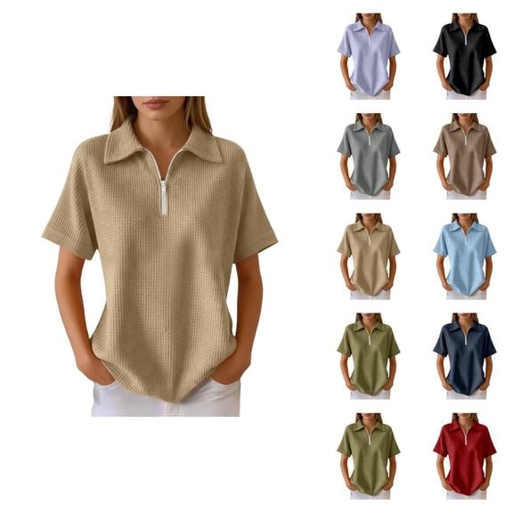 Polo Shirts for Women with Zip Collared Short Sleeve Waffle Solid Casual Womens Summer Tops Dress Shirts