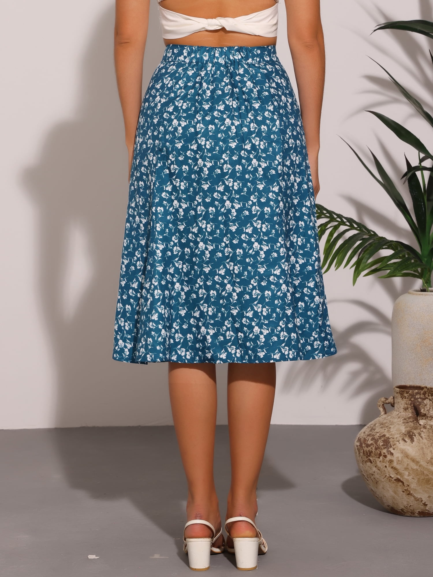 DARING DIVA Women's Elastic Waist A-Line Midi Skirt M Lake Blue Flower