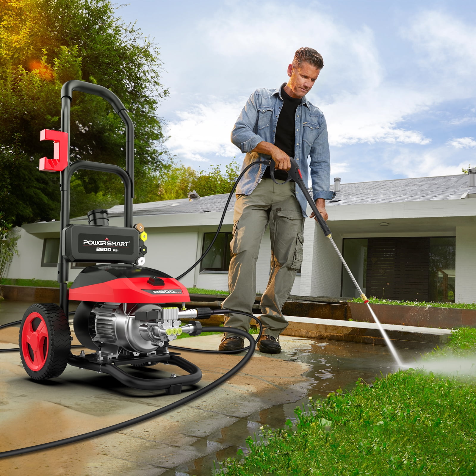 PowerSmart 2600PSI Electric Brushless Pressure Washer, 1.2GPM, 1800W, 27FT Hose, Safety Lock