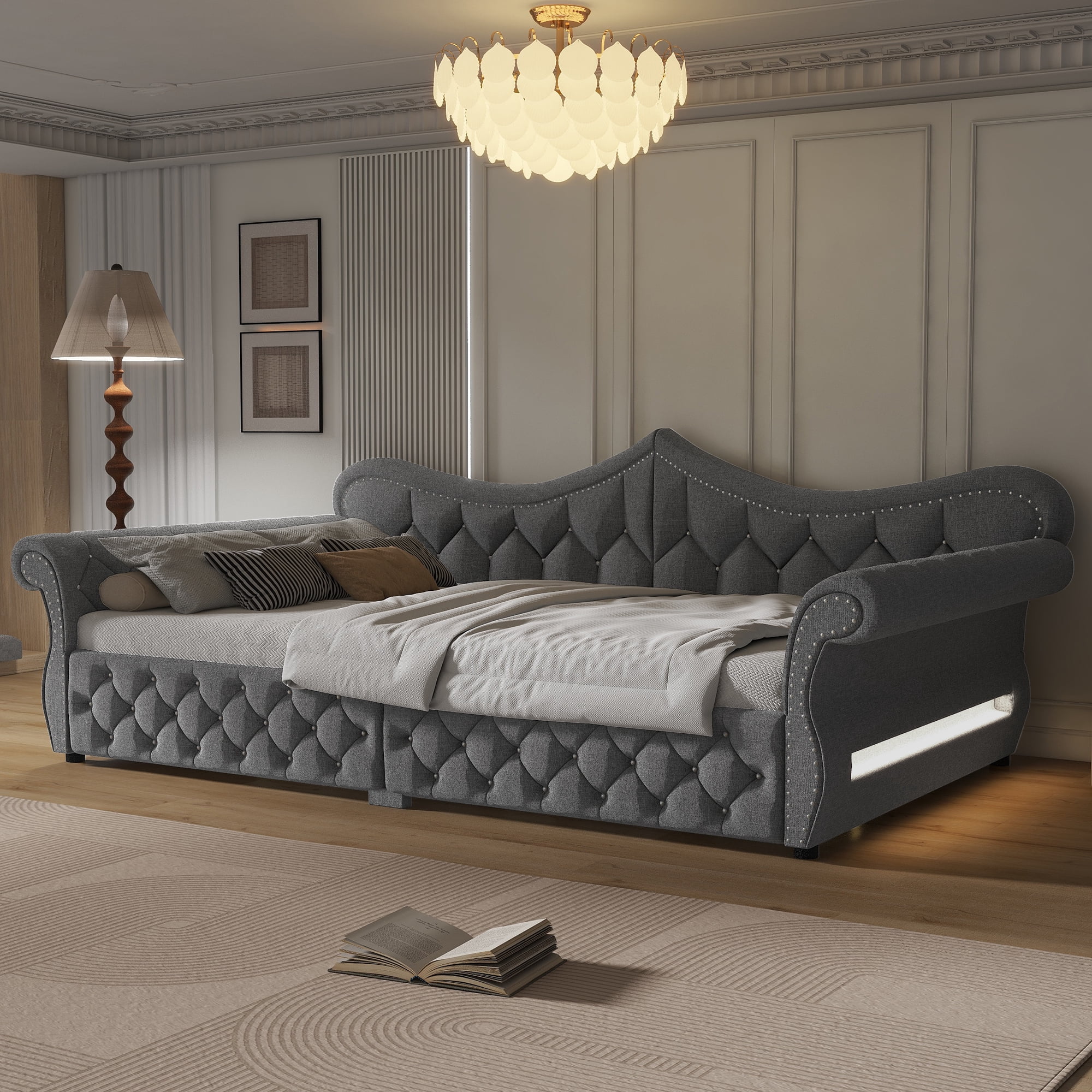Euroco Upholstery Queen Size Daybed, Sofa Bed with LED Light, Gray