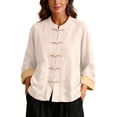 thumbnail image 2 of Nmnitkp Women's Cotton Linen Mandarin Collar Shirt Frog Button Contrast Cuffs Long Sleeve Loose Casual Top with Pockets for Fall Daily Work Loungewear Khaki,M, 2 of 6