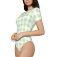 thumbnail image 2 of Haiem Pistachio Green Checkboard Women's Crew Neck Short Sleeve Bodysuit Tops Stretchy Slim Basic-Small, 2 of 9
