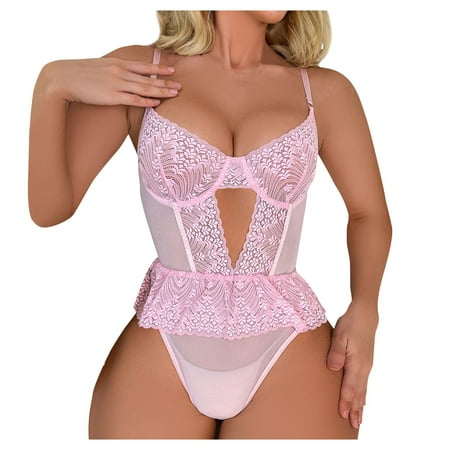 

BIZIZA Womens Teddy Sexy Lingerie Floral Bodysuit One Piece Lace Babydoll Pink M
