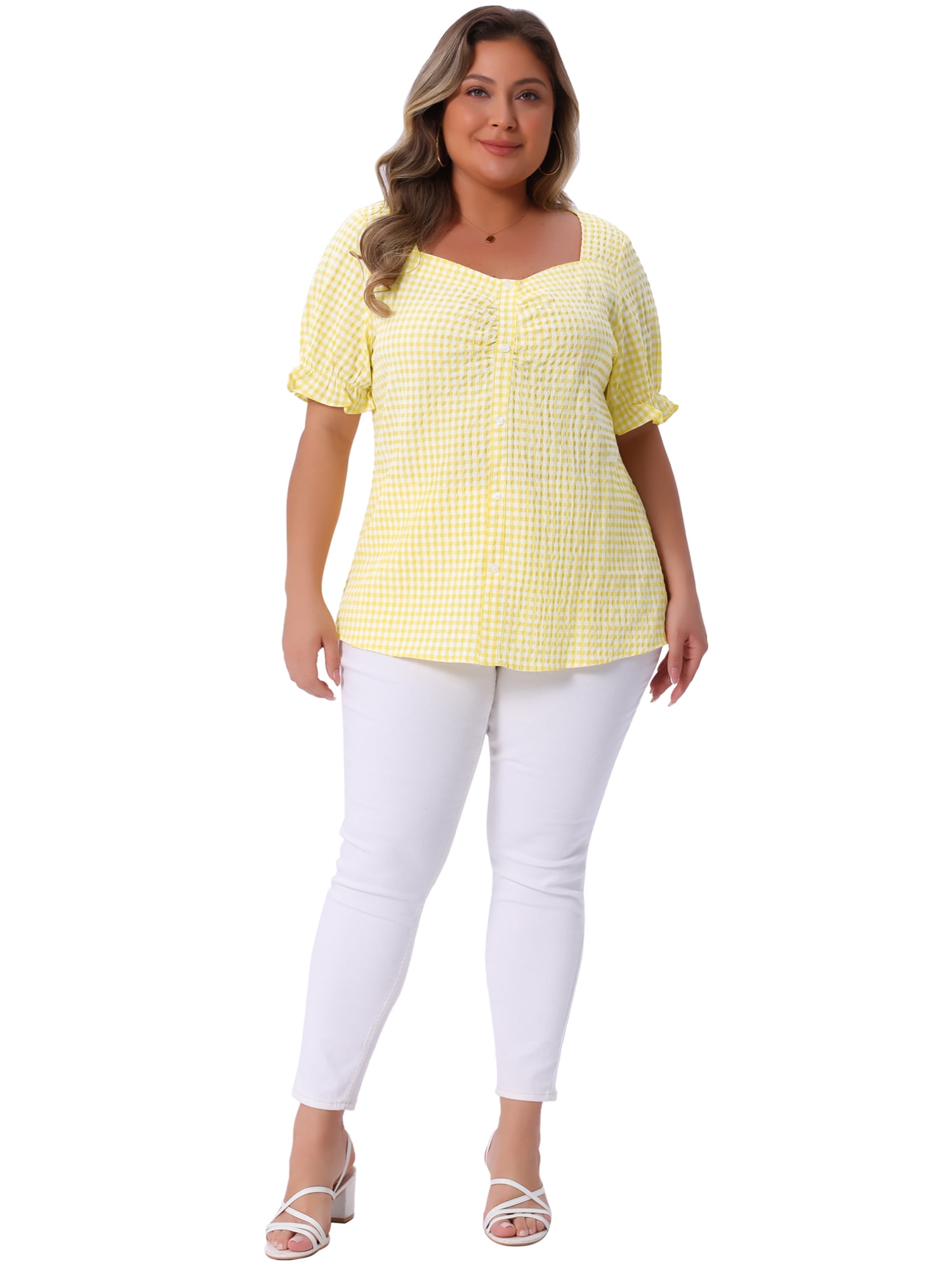 DARING DIVA Women's Plus Size Sweetheart V Neck Puff Short Sleeve Blouse 2X Light Yellow