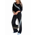 thumbnail image 3 of Women'S Ribbed Tracksuit Set Long Sleeve Round Neck Top with Wide Leg Athletic Pants Outfit Black L, 3 of 7