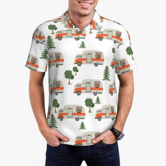 Sikiie Camp Van Print Men's Short-sleeved POLO Shirts, Button-down Shirts and T-shirts are Suitable for Vacation, Leisure and Business-X-Large