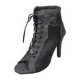 thumbnail image 6 of Rokment Vintage Stiletto High Heels Combat Boots Sandals for Women Ladies Sexy Mesh Satin Open Peep-Toe Lace up Pumps Summer Ankle Booties with Side Zipper Dark Gray Size 8, 6 of 8