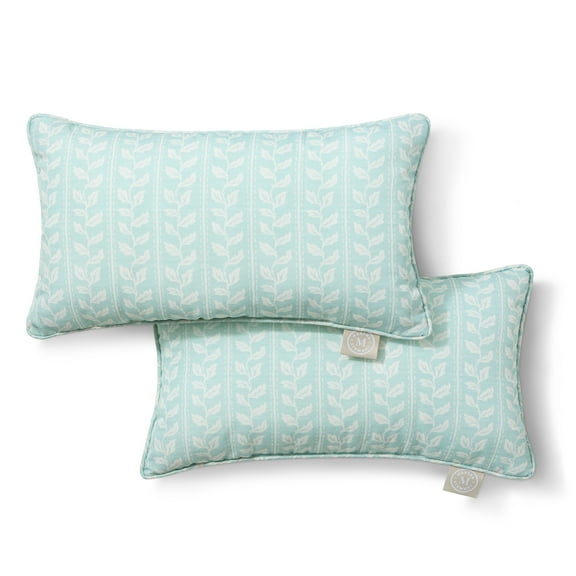 MARTHA STEWART Vineyard Vines Indoor Outdoor Decorative Lumbar Pillow 2-Pack Set, UV Fade Resistant, Water Repellent, Printed Garden Design, Aqua Blue, 11"x18"