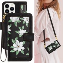 Cowithday iPhone 14 Pro Max Case, PU Leather Magnetic Closure RFID Blocking Card Slots Kickstand Shockproof Flip Wallet Handbag Flowers Cover with Wrist Strap Shoulder Strap for Women & Girl, Black