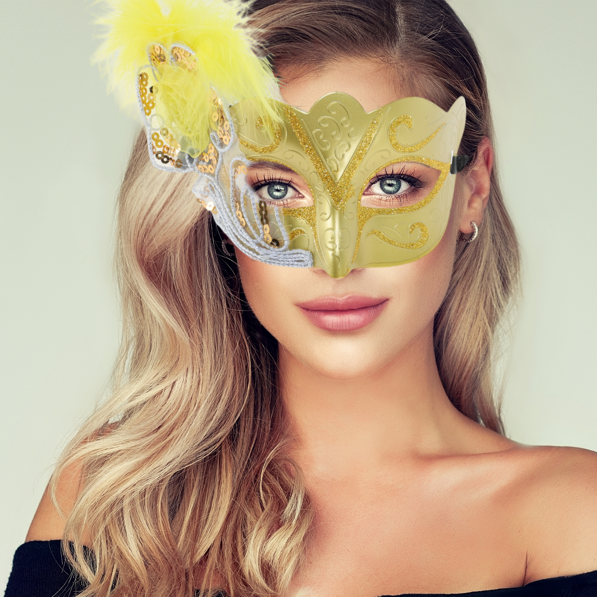 Unique Bargains 1 Box Dancing Queen Feather Half Face Party Mask Gold Tone