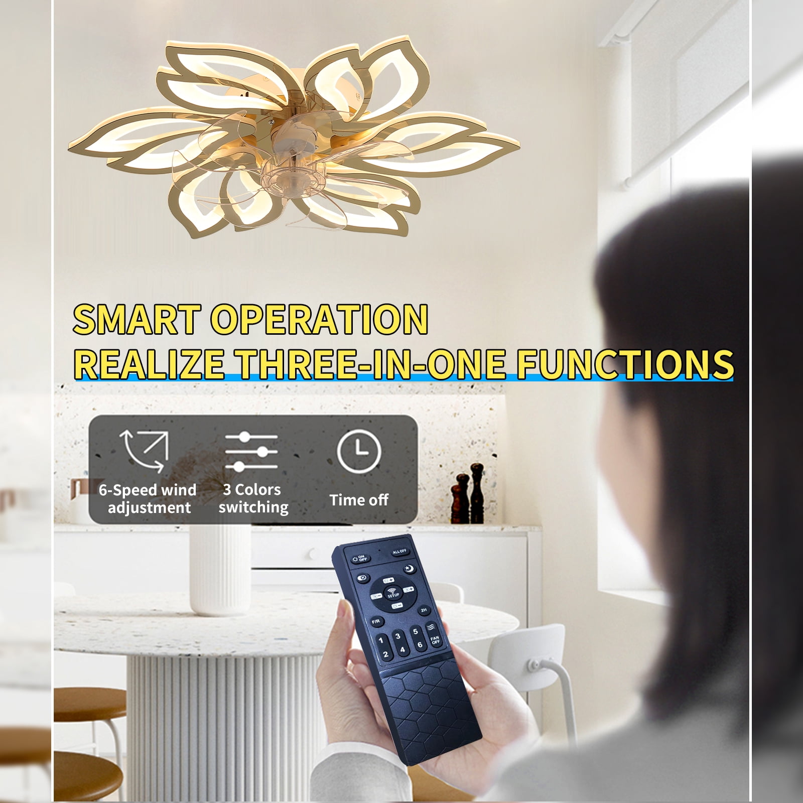 Eowynic 25.5 Inch Flower Shape Modern Flush Mount Bladeless Ceiling Fans with Led Lights Chandelier APP & Remote Control, DC Motor, 6 Speed, Gold