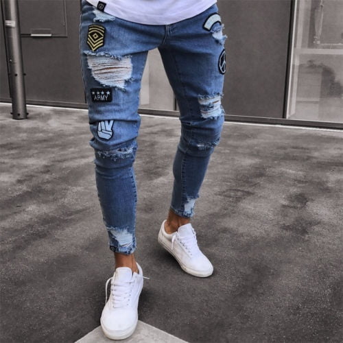 Men Stretchy Ripped Skinny Jeans Destroyed Taped Slim Fit Denim Pant 