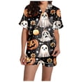 thumbnail image 5 of Weebloom Halloween Summer Pajamas For Women Set Pumpkin Leisure Silk Satin Short Sleeve Button Down Tops And Shorts Set Sleepwear Nightwear Pjs Loungewear Black L, 5 of 7