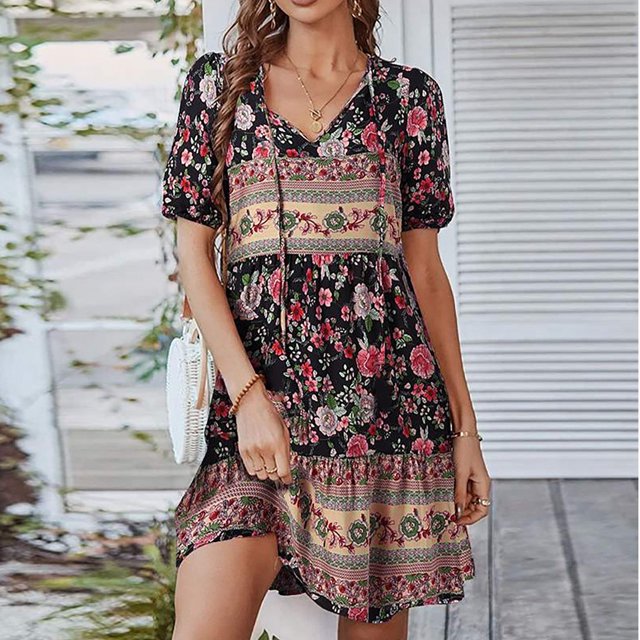 Qiopertar Robes en Dentelle Imprimée Florale à Manches Courtes pour Femmes en Solde à Moins de 5$ en Solde