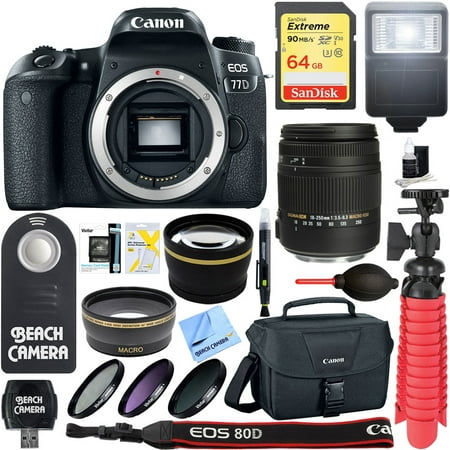 Canon EOS 77D 24.2 MP CMOS (APS-C) DSLR Camera with Sigma 18-250mm Lens + 64GB Memory & Flash