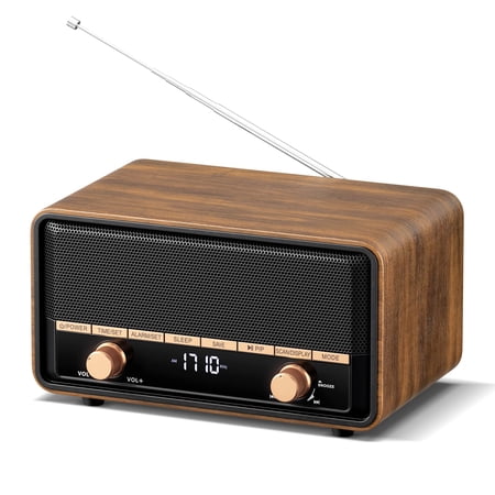 Vintage Wooden Digital Clock AM FM Radio with 80 Station Presets for Bedroom Home Office