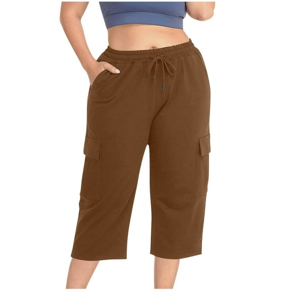 Inleife Loose Capris for Women Plus Size Woman Fashion Solid Color Elastic Waist Pockets Pants Brown XXXXL
