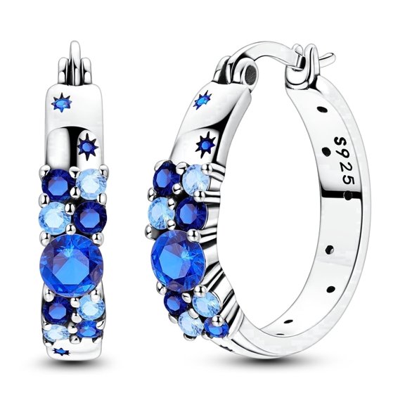 NARMO 925 Sterling Silver Secret Stars Hoop Huggie Earrings for Women, Hypoallergenic Blue Cubic Zirconia Birthday Gift with Box